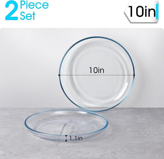 2 Pack 10 inch Glass Plates, Clear Tempered Glass Dinner Plates, Glass Serving Dinnerware for Pasta, Salad